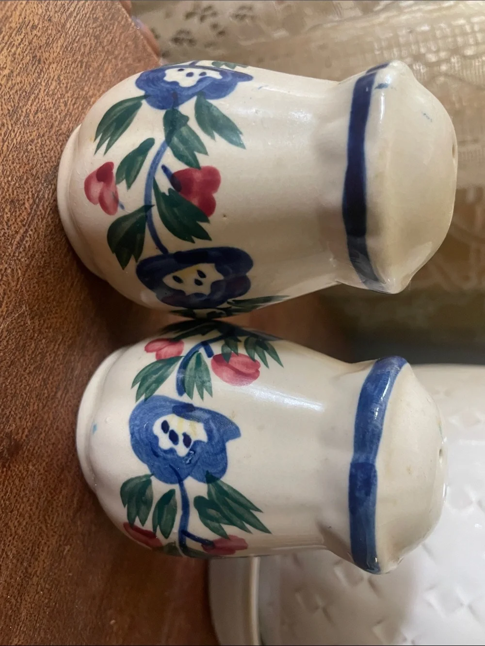 Hand-Painted Floral Ceramic Salt and Pepper Shakers in Blue and Green